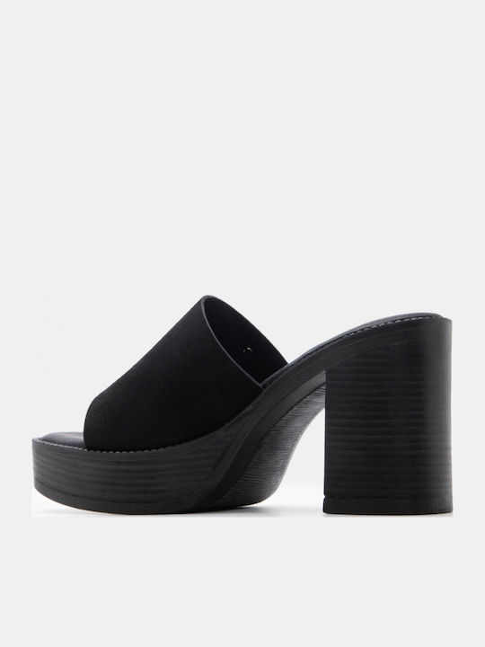 Suede Mules με Ψηλό Τακούνι σε Μαύρο Χρώμα