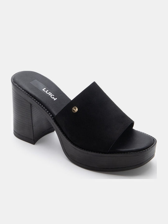 Suede Mules με Ψηλό Τακούνι σε Μαύρο Χρώμα
