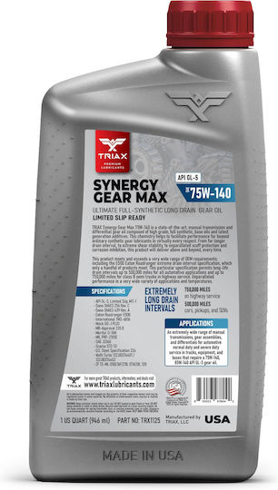 Triax Synergy Gear Max 75w-140 Gl-5 Ls Full Synthetic 946 Ml