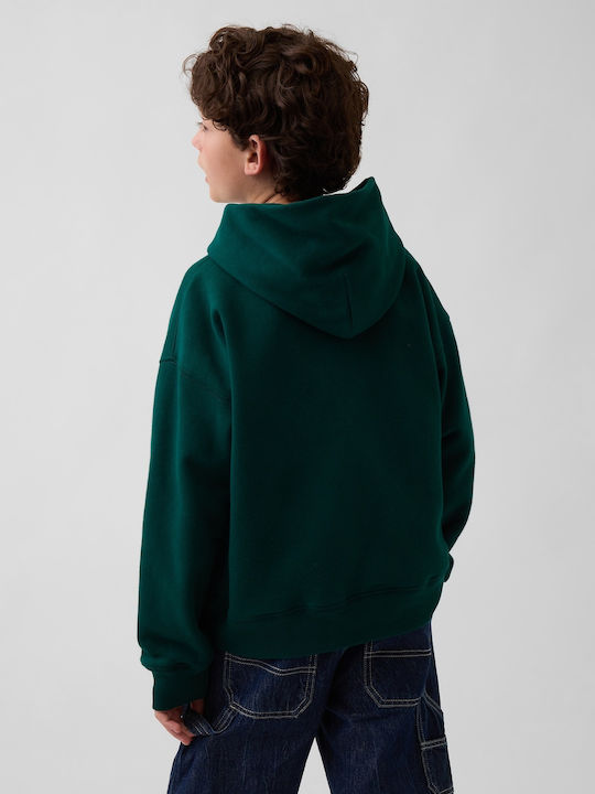 Fleece Επένδυση Παιδικό Φούτερ Cropped με Κουκούλα και Τσέπες Green Pine