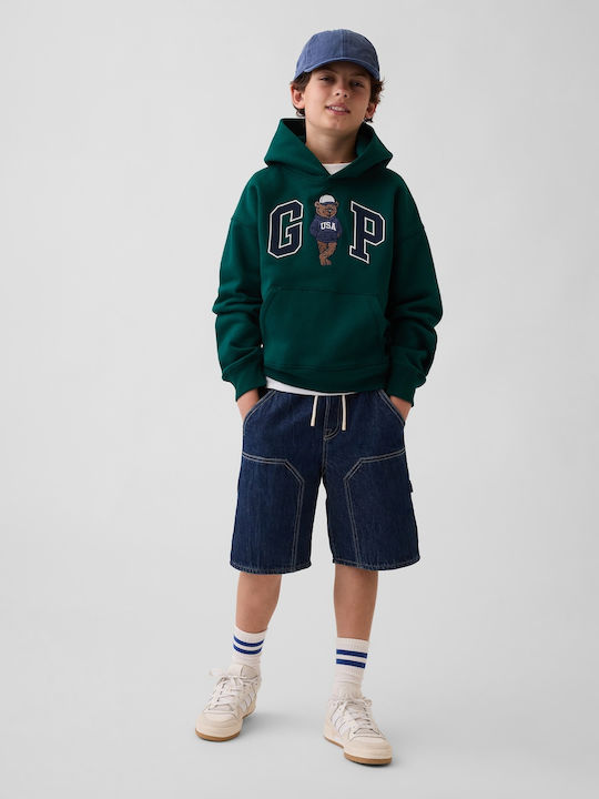 Fleece Επένδυση Παιδικό Φούτερ Cropped με Κουκούλα και Τσέπες Green Pine