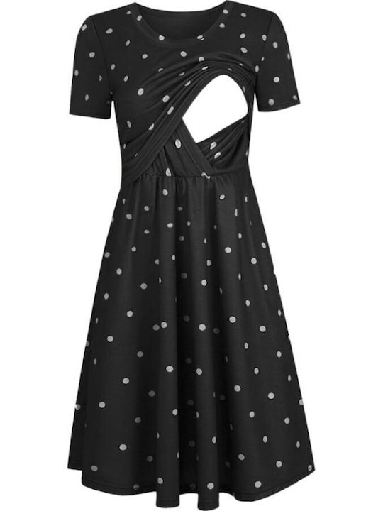 Polka Dot Short Sleeve Nursing Dress Black and White