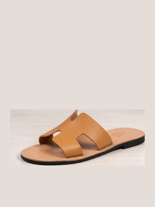 Leather Women's Flat Sandals Tabac Brown