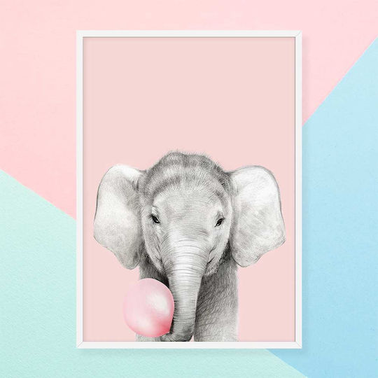 Cadru Pentru Copii Elefant Roz Cu Bulă Din Lemn 40x50cm