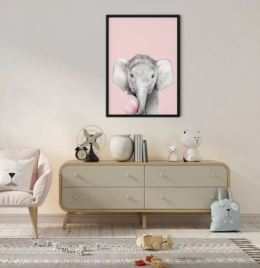 Cadru Pentru Copii Elefant Roz Cu Bulă Din Lemn 40x50cm