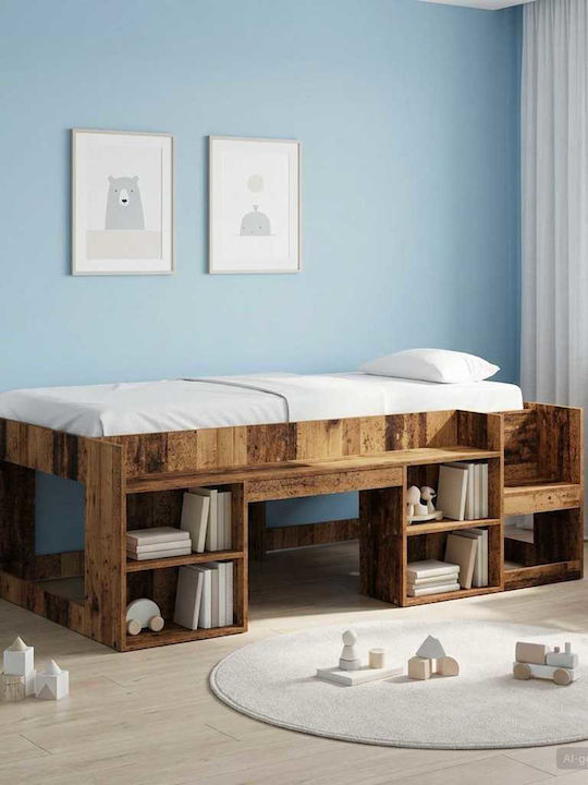 Kids Bed Loft Single Brown with Storage Space