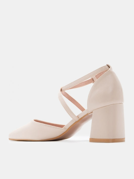 Pointed Toe Heels with Strap & Medium Beige Heel