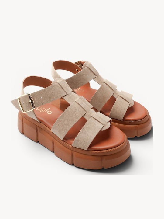 Beige Leather Chunky Flatforms Double Straps