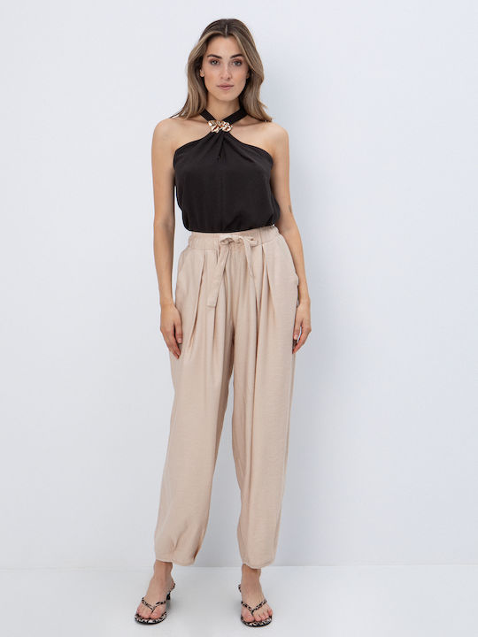 Women's Sleeveless Blouse with Tie Neck Metallic