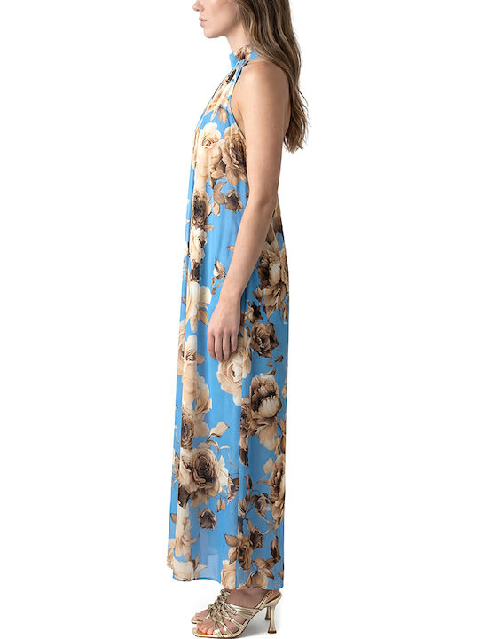 Damenkleider Maxi Abendkleid Satin Beige- Hellblau