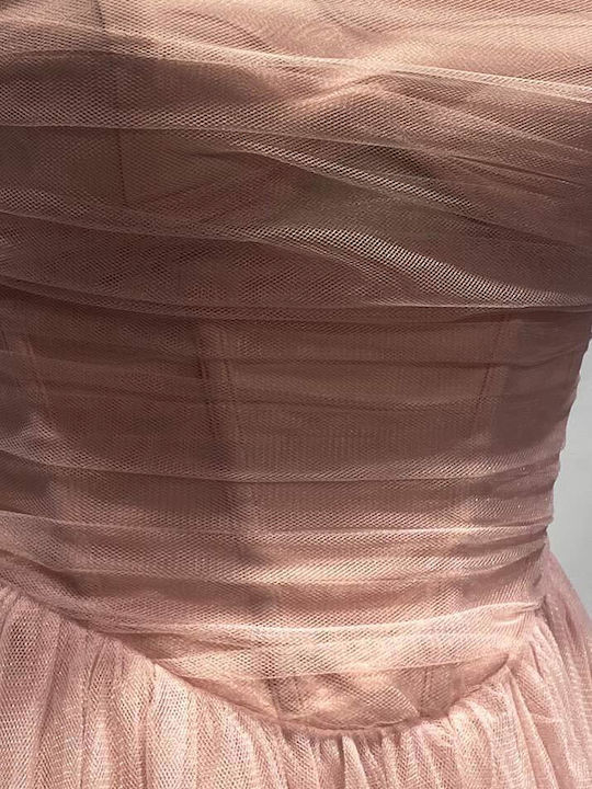 Καλοκαιρινό Midi Φόρεμα για Γάμο / Βάπτιση Strapless με Τούλι Ροζ