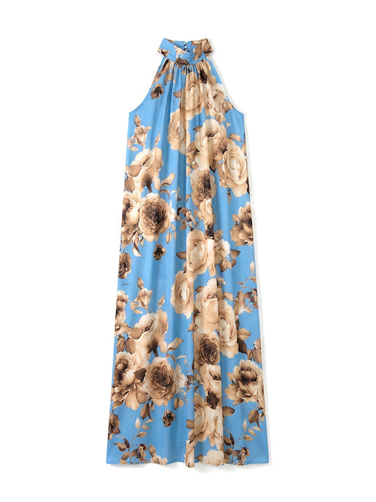 Damenkleider Maxi Abendkleid Satin Beige- Hellblau