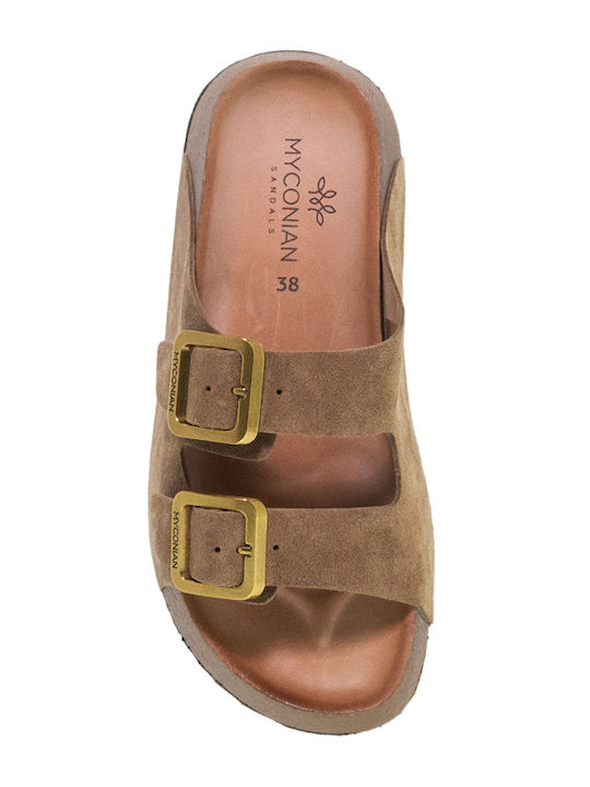 Myconian Leather Women's Flat Sandals Flatforms Brown
