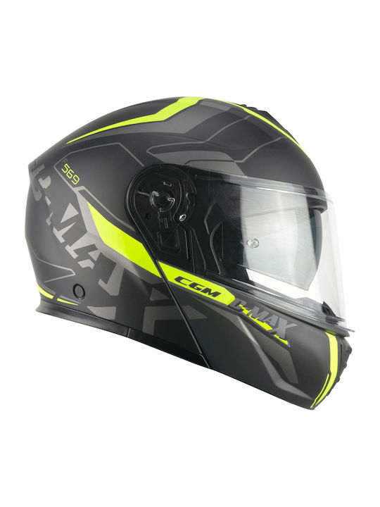 CGM C-Max City 569G Black / Yellow Fluo Matt Motorcycle Helmet Flip-Up ECE 22.06 1600gr with Sunvisor
