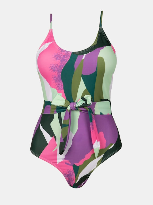 One Piece Swimsuit Printed Purple Belt Size 2XL Purple