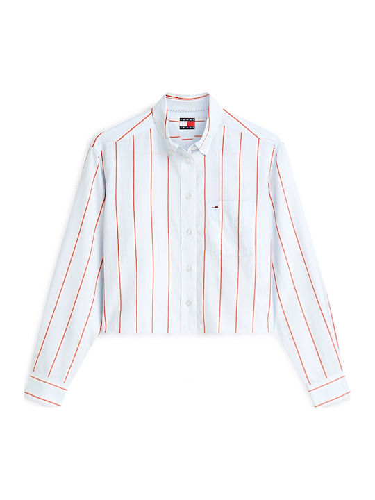 Long Sleeve Women's Denim Shirt Red-White-Light Blue Striped