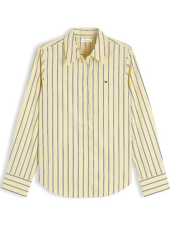 Long Sleeve Women's Cotton Shirt Yellow and Black Striped