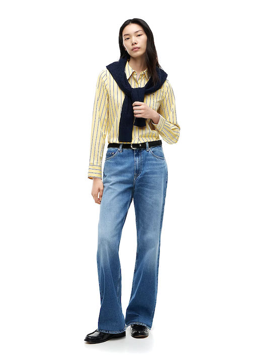 Long Sleeve Women's Cotton Shirt Yellow and Black Striped