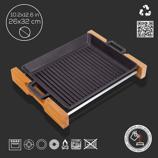 Tavă Grill Din Fontă 32 X 26 Cm Cu Bază Din Lemn Lava