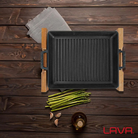 Tavă Grill Din Fontă 32 X 26 Cm Cu Bază Din Lemn Lava
