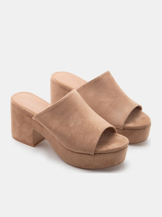 Wildleder Damen Pantoletten mit Hochabsatz in Beige Farbe