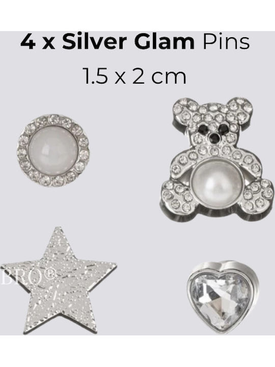 Set 4 Jibbitz Crocs Clogs – Silver Glam Charms Decorative Pins Secure Fit 2 Cm Silver