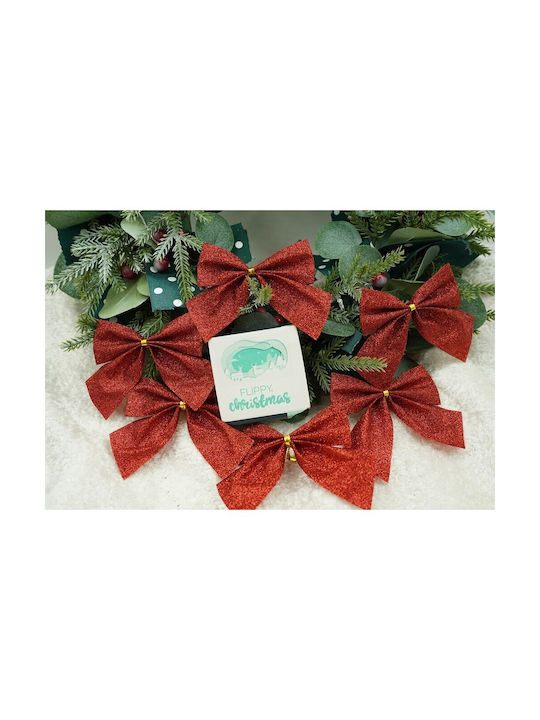Set 6 Christmas Tree Bows Red Classic Glitter 8 X 9 Cm Polyester Alista Home