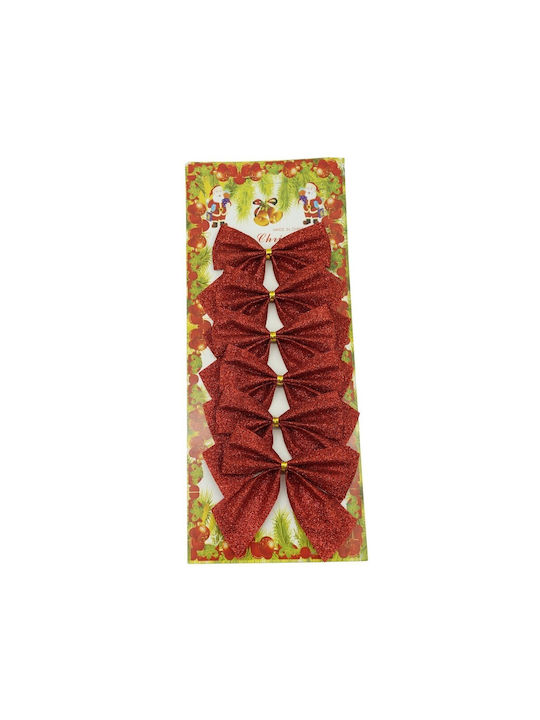 Set 6 Christmas Tree Bows Red Classic Glitter 8 X 9 Cm Polyester Alista Home