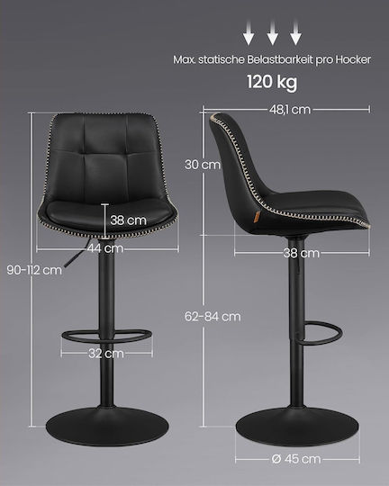 Barhocker mit Rückenlehne & Verstellbare Höhe Schwarz 2 Stück 44x48x112cm