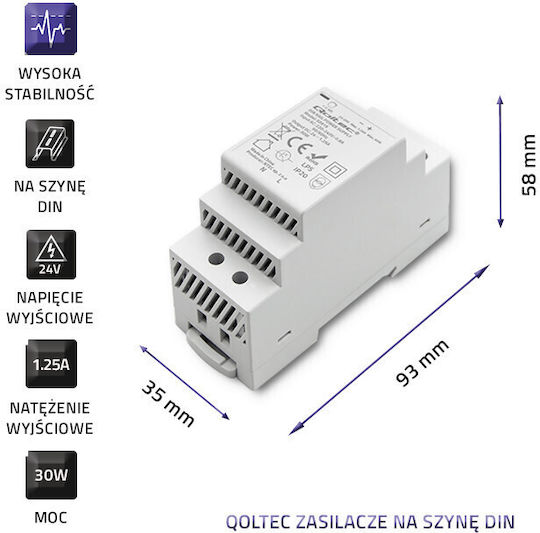 Qoltec Тръбнохранителен блок с изход 24V и мощност 30W 1.25Спецификация