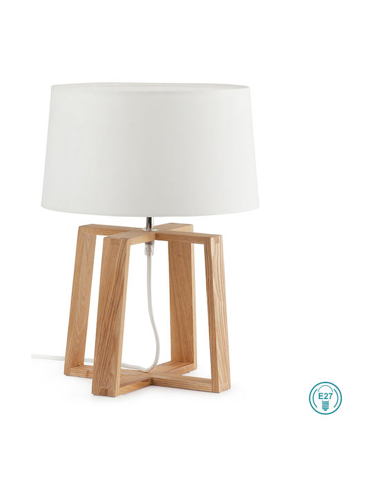 Faro Barcelona Wood Table Lamp for Socket E27 with White Shade and Beige Base