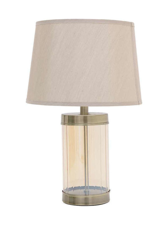 Inart Glas Tischlampe für Fassung E27 mit Beige Schirm und Transparent Basis
