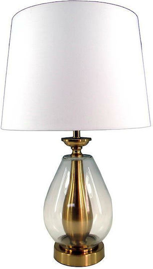 Inart Glass Table Lamp for Socket E27 with White Shade and Gold Base