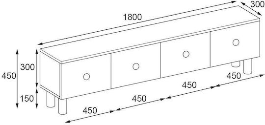 TV Stand Made of Metal & Wood White L180xD30xH15cm