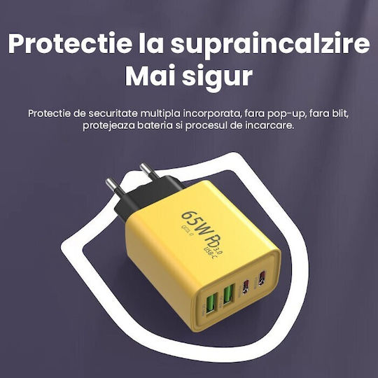 Alista Home Incarcator Fără Cablu cu 2 Porturi USB-A și 2 Porturi USB-C 65W Power Delivery / Quick Charge 3.0 Galben (161978)