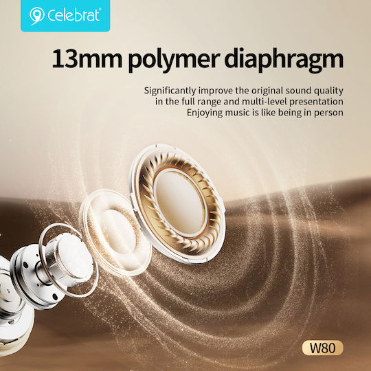 Celebrat W80 In-ear Bluetooth Handsfree Ακουστικά με Αντοχή στον Ιδρώτα και Θήκη Φόρτισης Γκρι