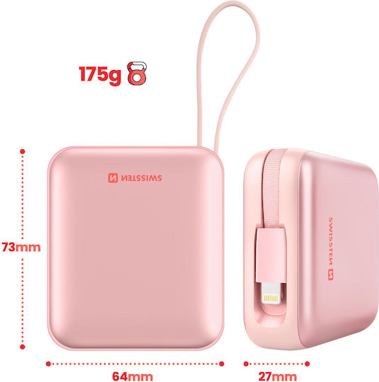 Swissten Power Bank 10000mAh 20W με Θύρα USB-C Ροζ