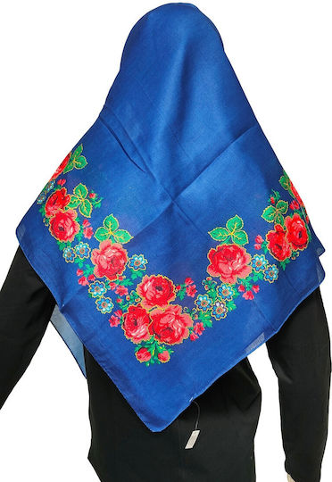 Traditional Thrace Headscarf Multicolor Floral 90x90cm Mark196 Royal Blue
