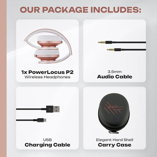 PowerLocus P2 Wireless Wired Over Ear Headphones with Radio with 20 Hours Playing Time Rose Gold