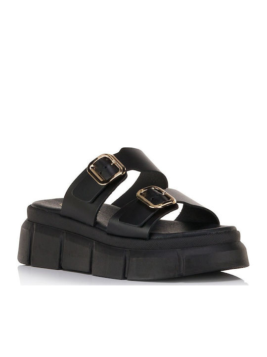 Δερμάτινα Γυναικεία Ανατομικά Σανδάλια Flatforms Μαύρα