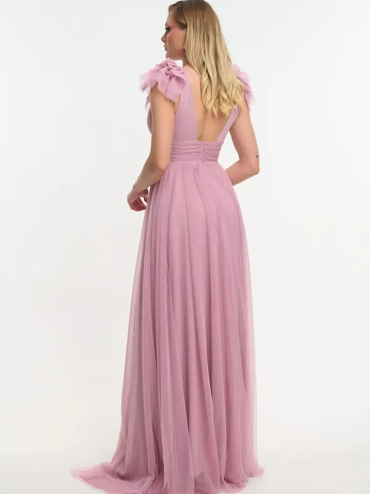 Summer Maxi Dress for Wedding Christening with Tulle Pink