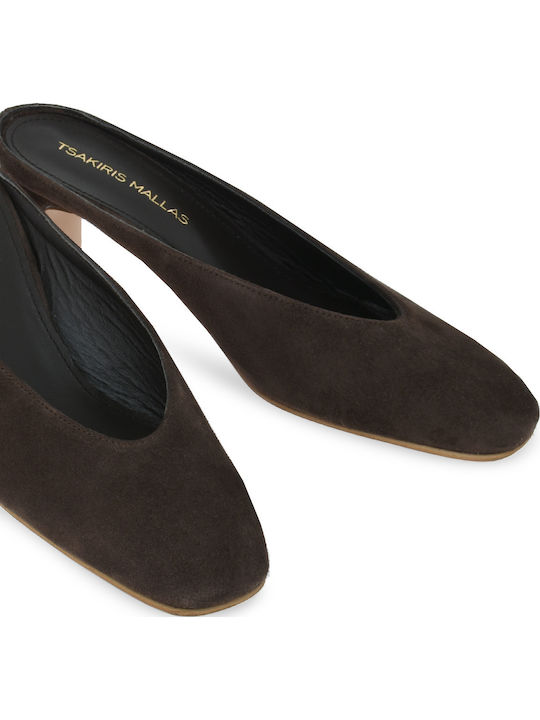 Suede Mules με Χαμηλό Τακούνι σε Καφέ Χρώμα