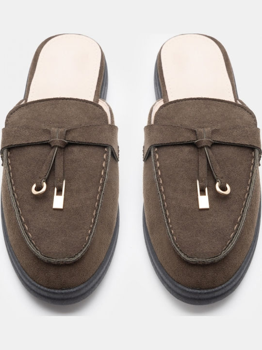 Flat Suede Mules In Khaki Colour