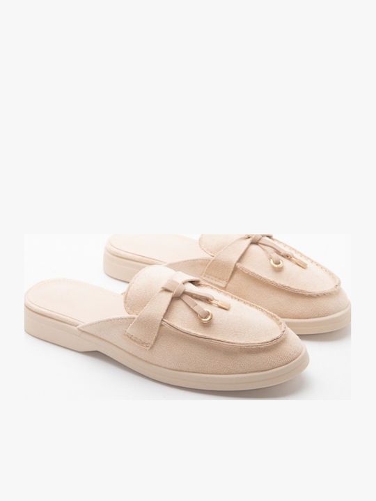Flat Wildleder Damen Pantoletten in Beige Farbe