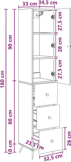 Wall Living Room Cabinet made of Wood and Metal Black 34.5x34.5x90cm