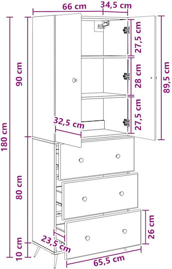 Wall Living Room Cabinet made of Wood and Metal White 66x34.5x90cm