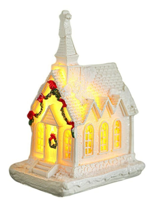Decorațiune Ornament De Crăciun Alista Home Biserică De Crăciun Din Rășină Model Mic Iluminat Biserică 8.8 X 6 X 4.5 Cm Albă