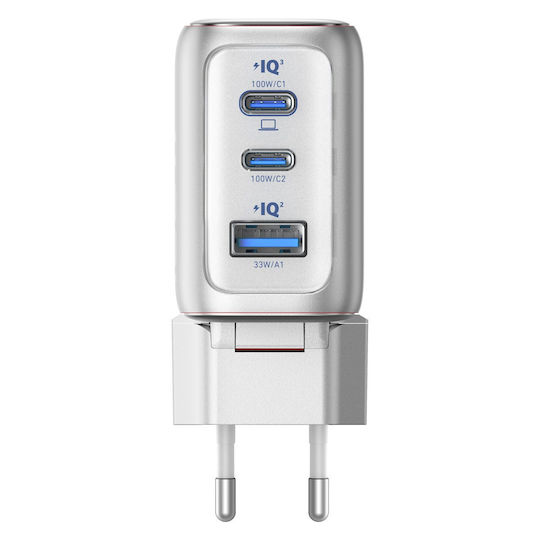 Anker Încărcător GaN cu Port USB-A și 2 Porturi USB-C și Cablu USB-C - USB-C 100W Power Delivery Argintiu (B121B)