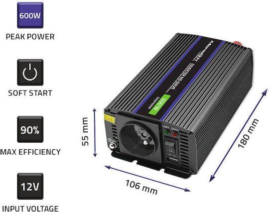 Qoltec Inverter Αυτοκινήτου Τροποποιημένου Ημιτόνου για Μετατροπή 12V DC σε 230V AC