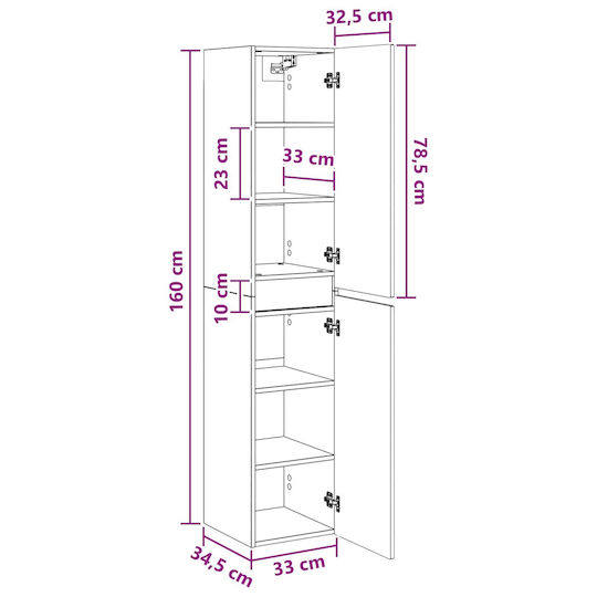 vidaXL Badezimmerschrank 33x34.5x160cm Weiß